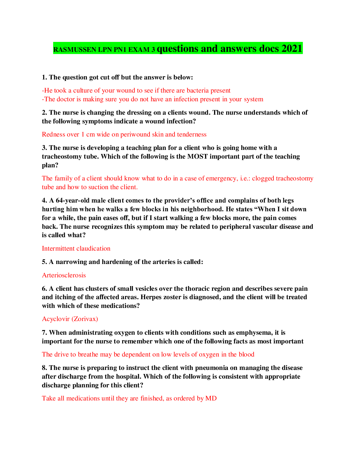 Preview of RASMUSSEN LPN PN1 EXAM 3 questions and answers docs 2021
